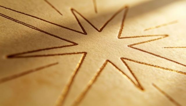 Embossed eight-pointed star catching warm light on gold foil cream paper macro texture