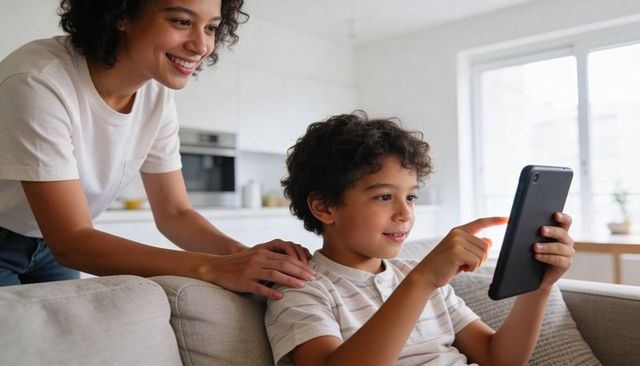 Smiling caregiver guiding child using tablet on couch in bright kitchen-living space for digital lea