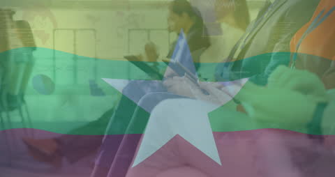 Flag Overlaid on Diverse People with Digital Devices