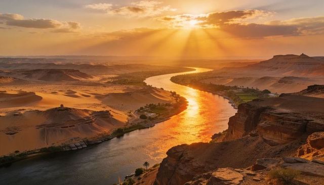 Golden sunset over winding desert river from rocky overlook with sunbeams