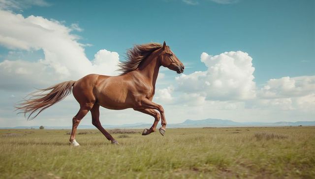 Majestic chestnut horse galloping across verdant plains