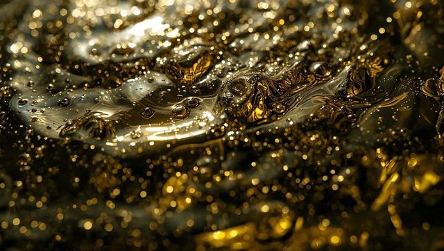 Macro golden viscous liquid with bokeh highlights and metallic ripples, abstract luxury texture