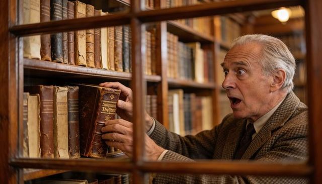 Elderly scholar reaching for antique leather-bound book on wood-lined library shelves