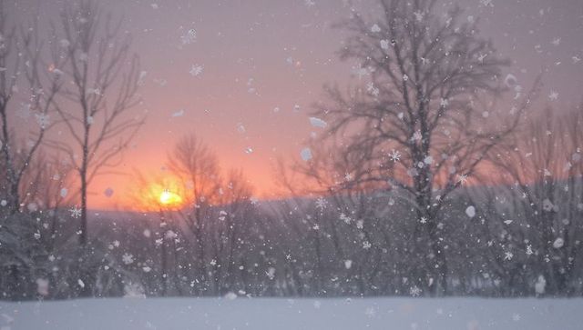 Frosted window framing falling snowflakes and warm sunset glow over bare winter trees