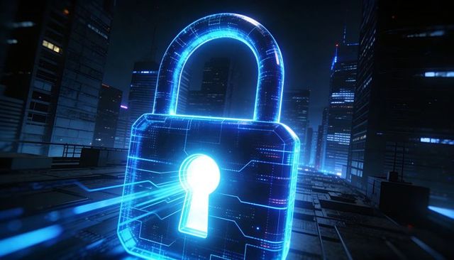 Holographic Neon Padlock Hovering Over Urban Skyline Representing Cybersecurity Data Protection
