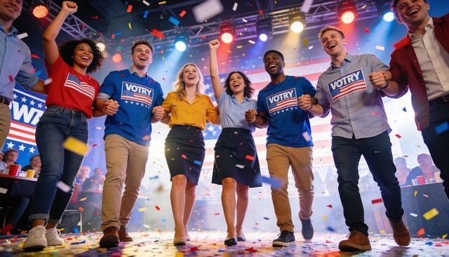 Young volunteers celebrating unity and momentum at vibrant votry rally with confetti on stage