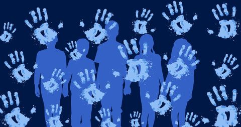 Silhouettes of Children with Handprints on Blue Background for Universal Children’s Day