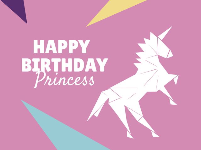 Geometric unicorn happy birthday princess card is perfect for celebrating a little girl's special day. Features pastel colors and a unique, modern design. Ideal for birthday invitations, greeting cards, posters, party decor.