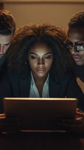 Vertical corporate video of focused team reviewing tablet, woman leading late-night collaboration