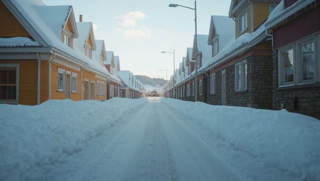 Snow-covered suburban lane running between colorful two-story houses with deep snowbanks