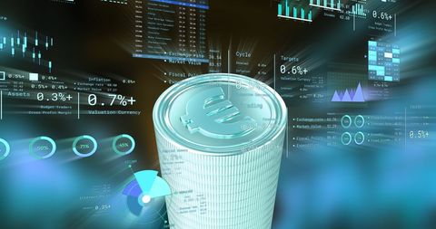 Digital Financial Data Over Coins with Euro Symbol