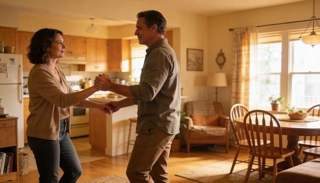 Middle-aged couple dancing in sunlit cozy kitchen holding hands, casual warm home romance