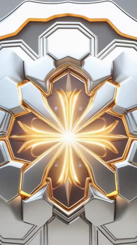 Vertical metallic emblem unfolding pulsing gold bloom — luxurious futuristic animation loop