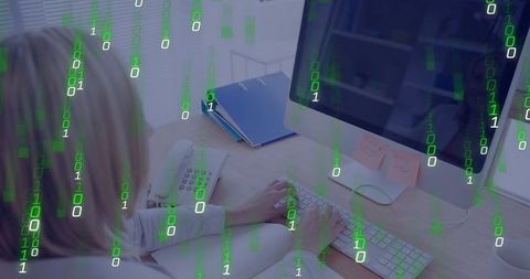 Middle-aged woman typing on desktop with green binary overlay symbolizing cybersecurity
