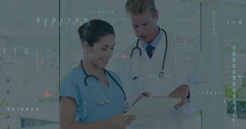 Doctor and nurse collaborating on patient chart with digital data overlay in bright clinic