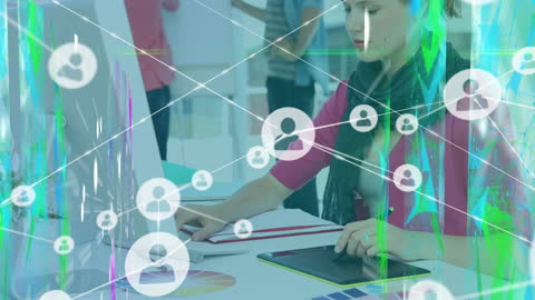 Businesswoman Utilizing Tablet with Digital Connection Overlay