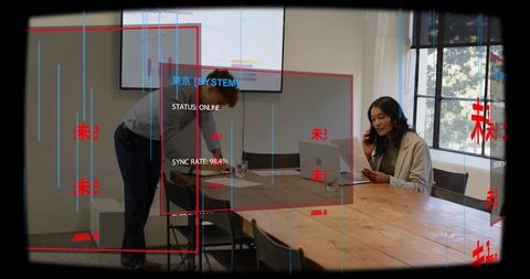 Augmented reality business collaboration with woman on call and man preparing presentation