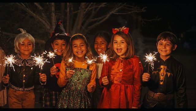 Happy costumed children holding lit sparklers at night