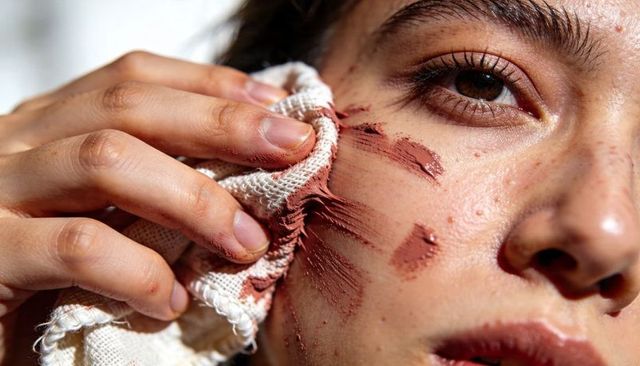 Wiping clay mask from cheek with textured cloth, close-up of pores, freckles and natural skin