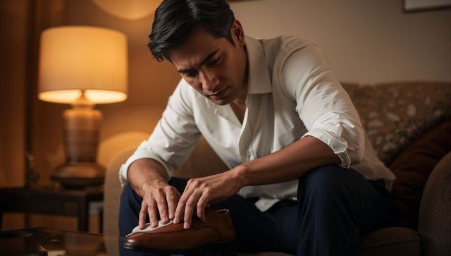 Evening ritual: asian man polishing brown leather dress shoe for professional shine