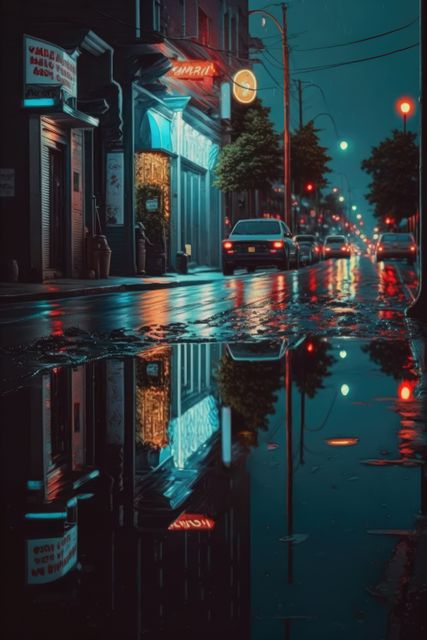 Night street scene featuring reflections of neon lights in rain-soaked pavement. Urban setting with glowing signs, parked car, and wet pavement creates a moody, atmospheric feel. Perfect for concepts related to city nightlife, mysterious environments, urban exploration, and atmospheric backgrounds.