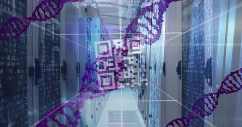 Futuristic DNA Helix Over Server Corridor Representing Biotechnology