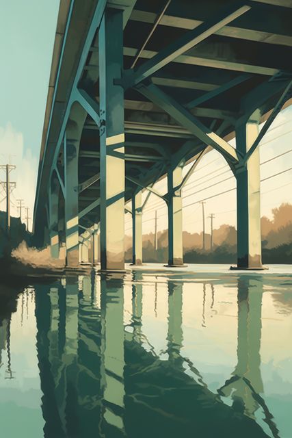 Bridge reflecting in river and pylons, created using generative ai technology - Download Free Stock Photos Pikwizard.com