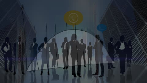 Silhouetted Businesspeople with Futuristic Graph Overlay