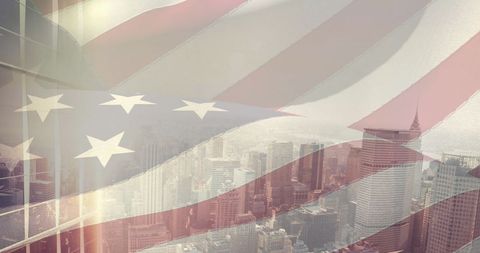 American Flag Overlay on Bustling Cityscape Concept