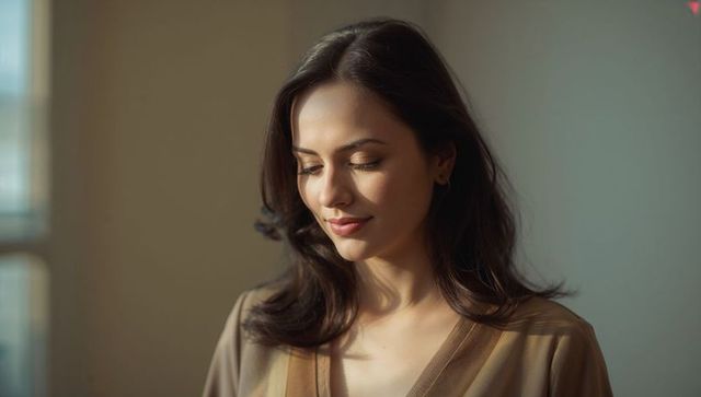 Gazing woman basking in warm window light wearing tan v-neck blouse, serene portrait