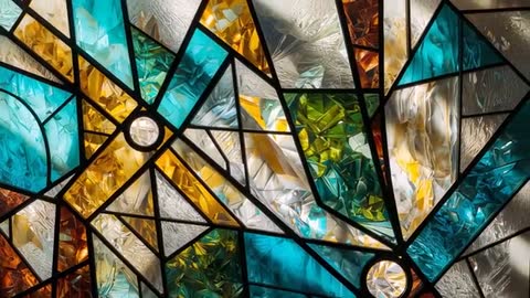 Colorful stained glass with geometric patterns and medallions highlighted by daylight