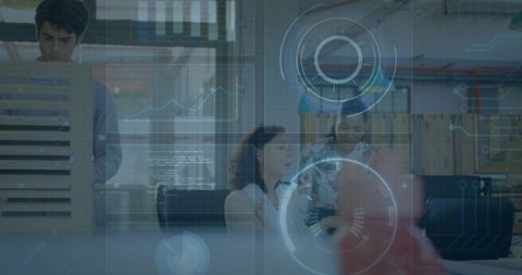 Coworkers Collaborating in Modern Office with Technology Overlay