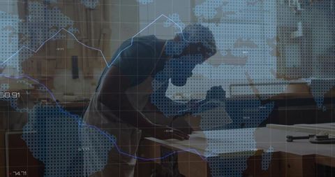 Craftsman Measuring Blueprint in Workshop with Digital Overlay