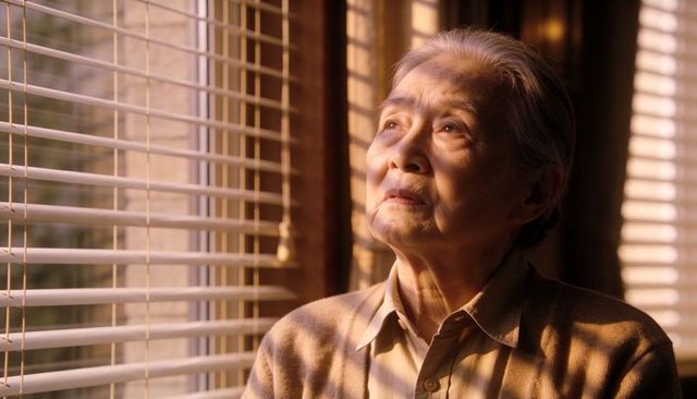 Elderly asian woman gazing through blinds into warm sunlit home, contemplative