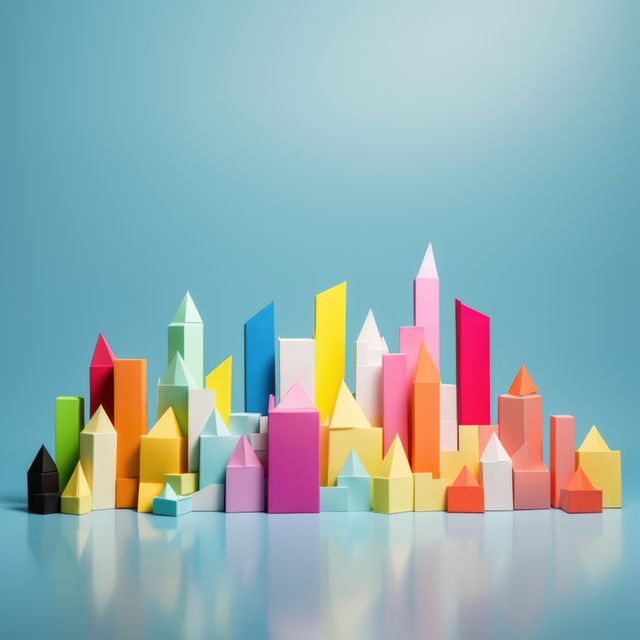 Contemporary arrangement of colorful paper cut-out buildings forming a lively and vibrant cityscape against a blue background. Perfect for use in creative design projects, children's educational materials, urban planning concepts, and DIY craft tutorials. Ideal for showcasing creativity, architectural design, or whimsical urban themes.
