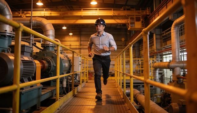 Maintenance engineer running on industrial catwalk, hard hat, pumps and piping safety