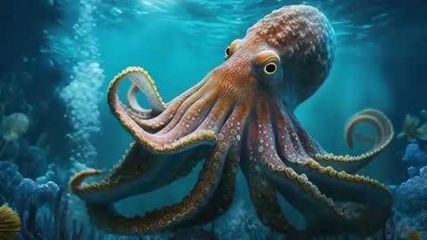 Octopus Exploring Coral Reef in Vibrant Underwater Scene