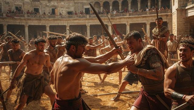 Gladiators clashing swords in sunlit roman arena, dust flying, crowd watching