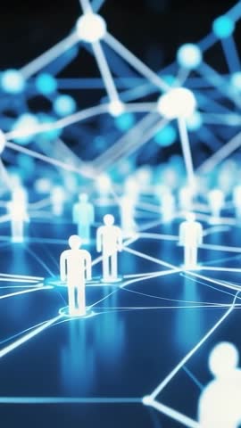 Vertical Video Showing Camera Moving to Glowing Human Node on Futuristic Digital Network Grid