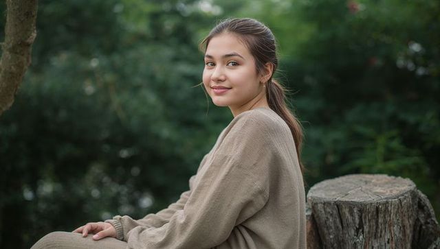 Teen girl sitting on tree stump looking over shoulder in calm forest lifestyle portrait