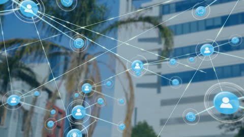 Digital Network Connections Overlaid on Urban Cityscape Background