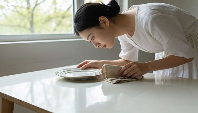 Leaning woman arranging ceramic plates on glossy table by window in minimalist daylight home