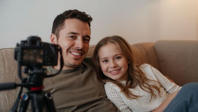 Smiling father and daughter relaxing on sofa while vlogging with DSLR on tripod at home