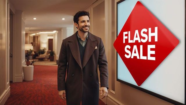 Fashionable shopper in overcoat strolling past flash sale sign