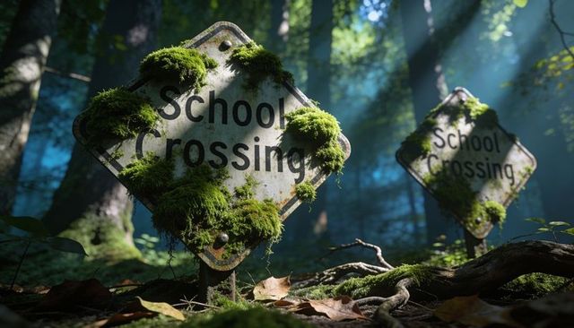 Moss-covered school crossing signs reclaimed by forest with sunbeams and mist
