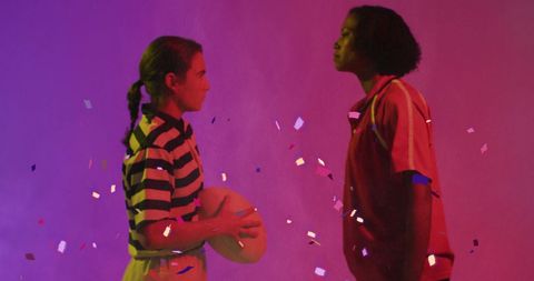 Confetti celebrating diverse female rugby players
