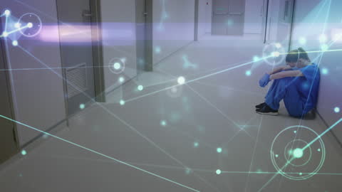 Stressed Healthcare Worker with Futuristic Digital Connections