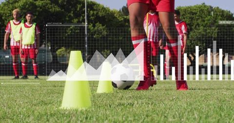 Soccer player practicing cone dribble with performance analytics overlay