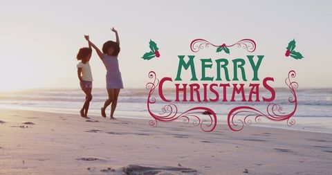 Mother and Daughter Enjoying Beach with Merry Christmas Message