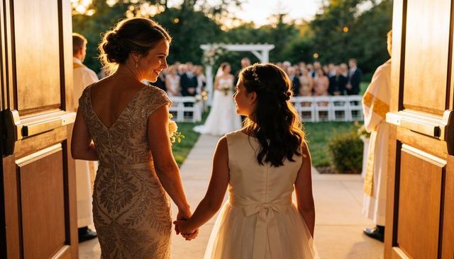 Mother daughter holding hands walking down aisle toward outdoor wedding arch at sunset